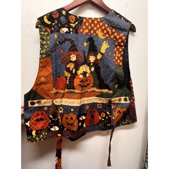 Hand Sewn Leslie Beck Vest Ghosts Pumpkins Cute Witch Open Tie Back M - Picture 12 of 16